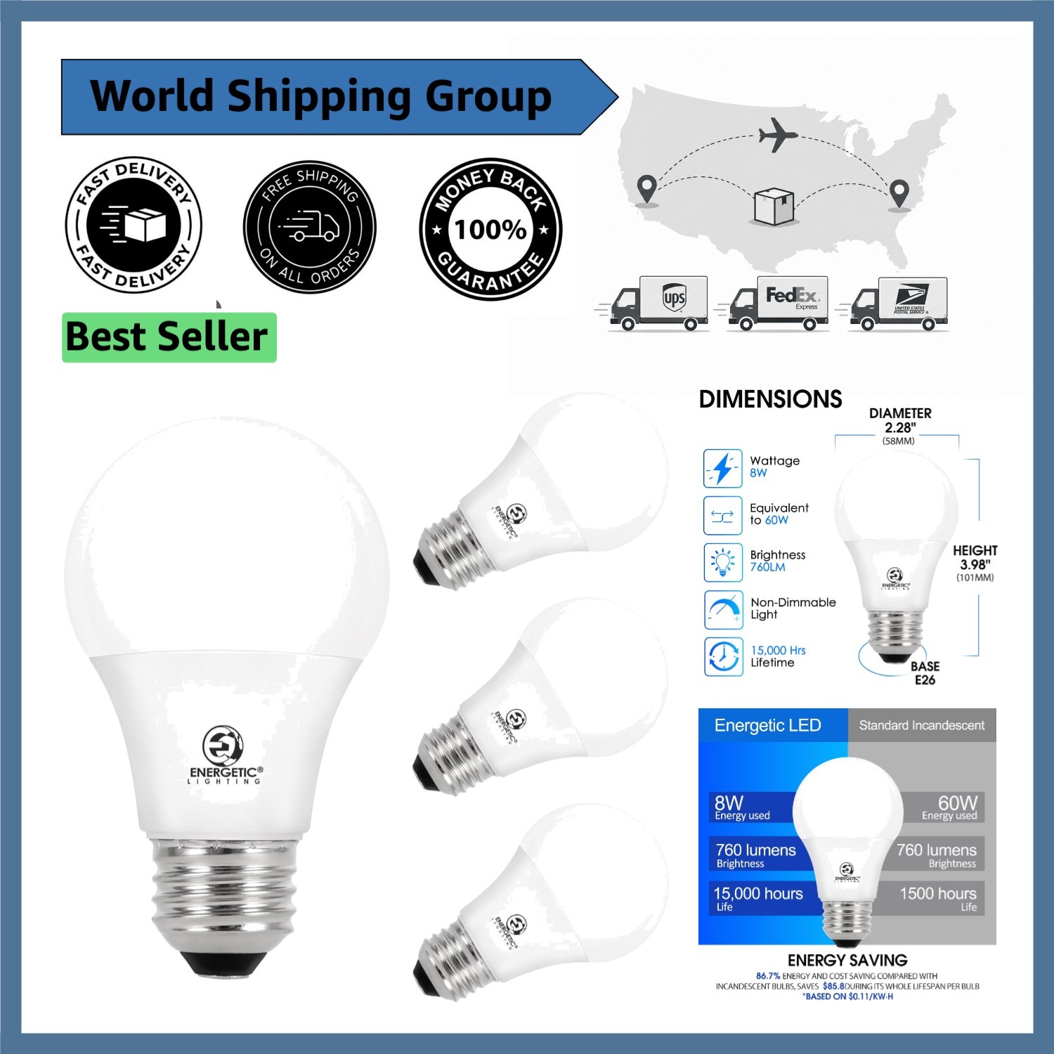 High-Quality A19 LED Light Bulbs – 8W, 760 Lumen, Shatter Resistant, Instant On