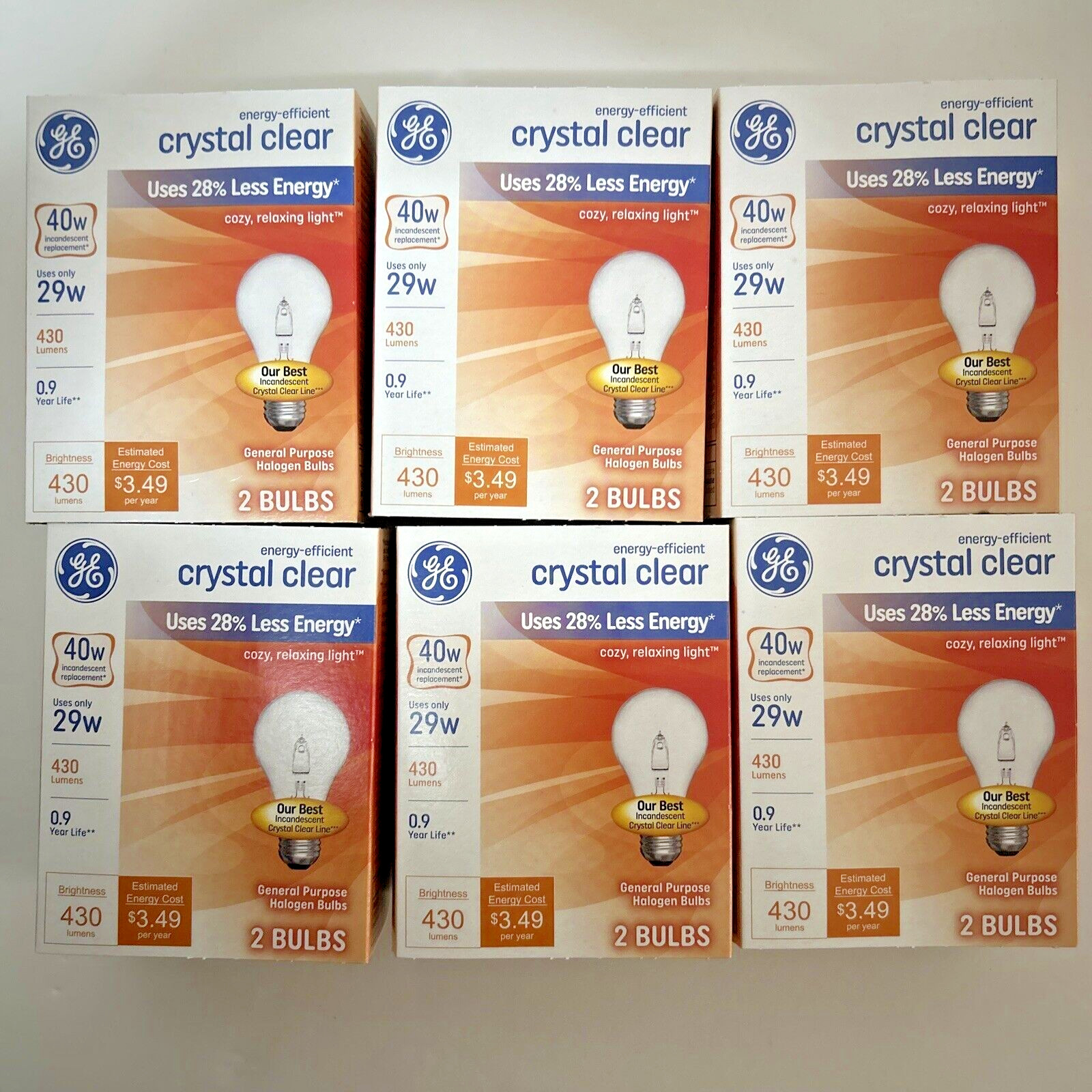 12 Bulbs 6 Pack Light Bulbs GE Clear Glass 29watt equivalent to 40w Dimmable A19