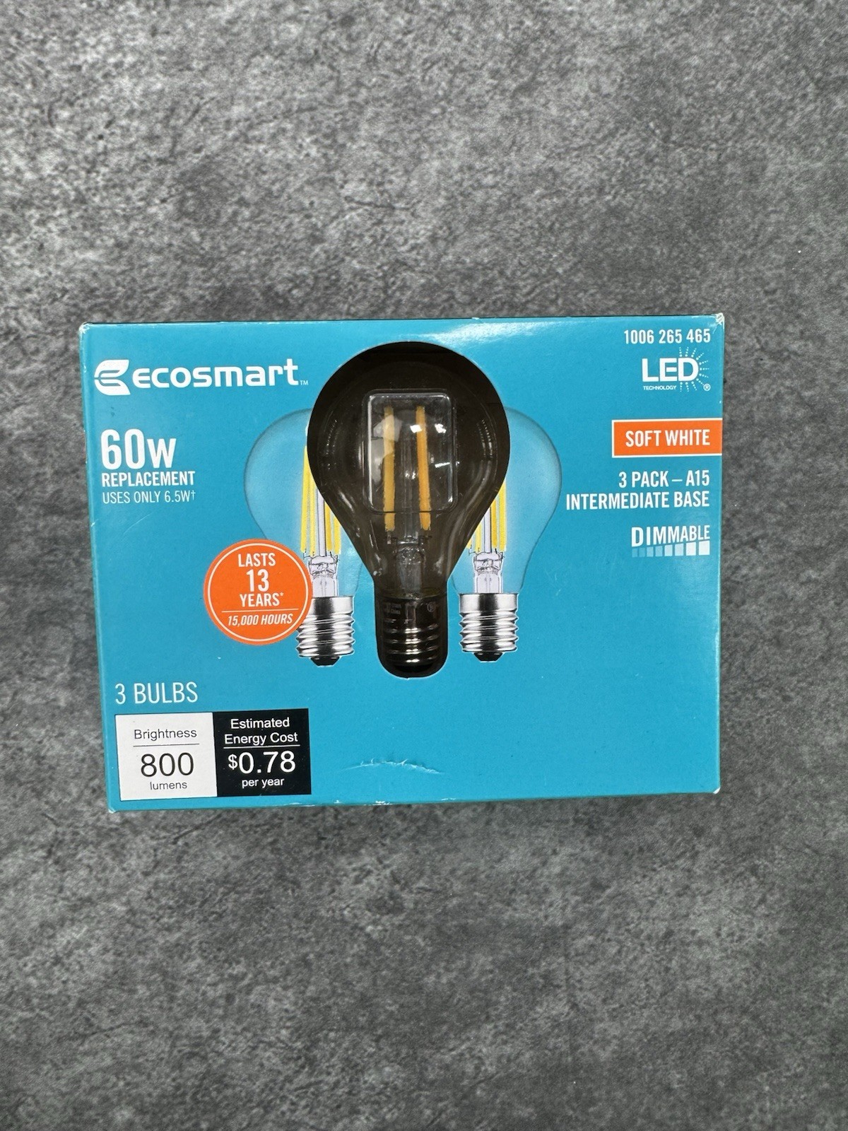 EcoSmart 60W LED Soft White Light Bulb Dimmable 800 Lumens 3 Bulbs NEW W BOX