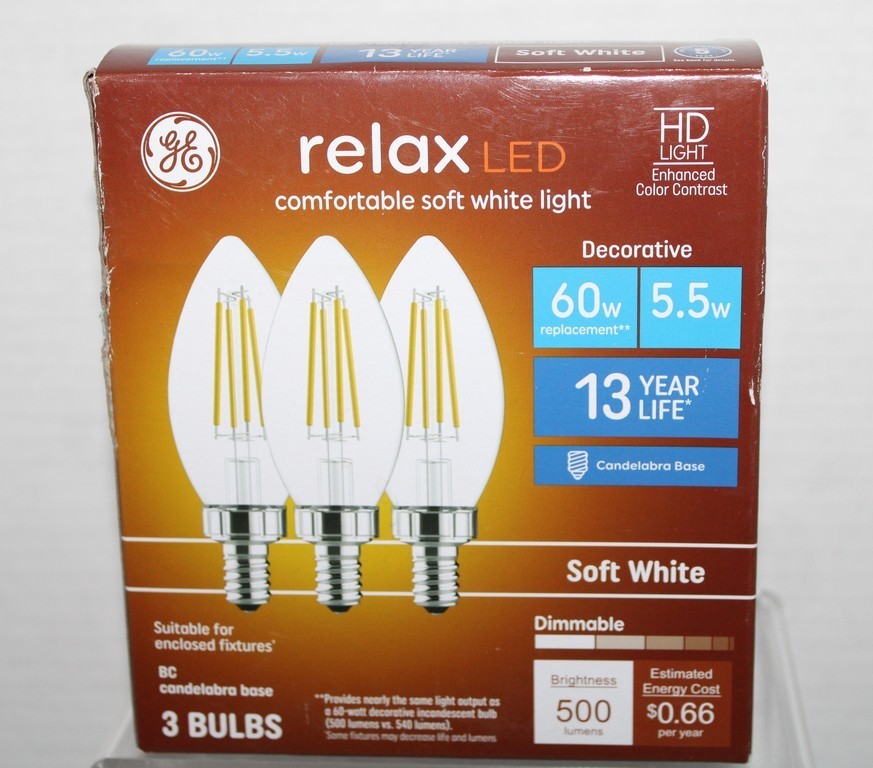 GE Relax 60w Equiv 5.5q LED Bulbs BC Candelabra Base Clear Soft White 3-Pack