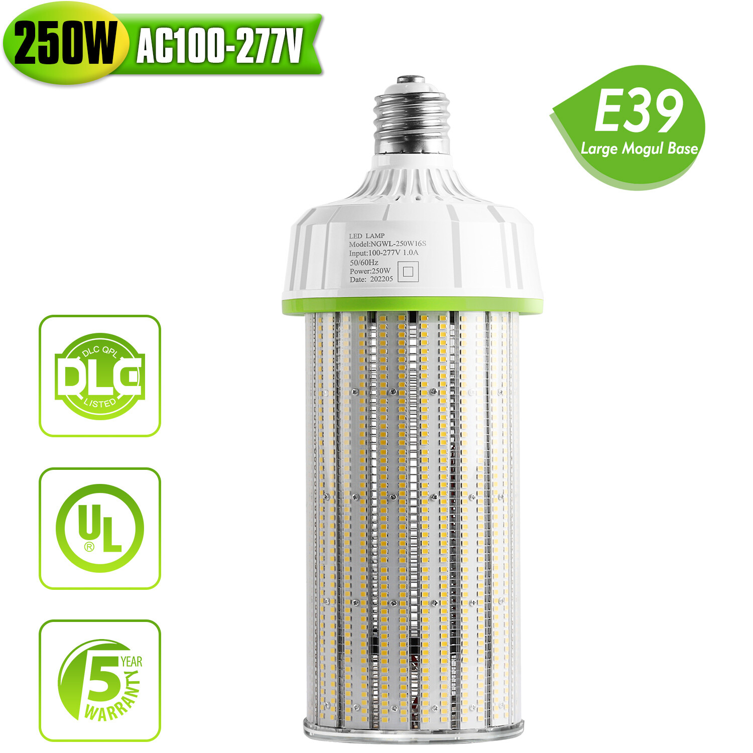 (Replace 1200W MH/HPS) 5000K Daylight, E39 Mogul Base, 250W LED Corn Light Bulbs